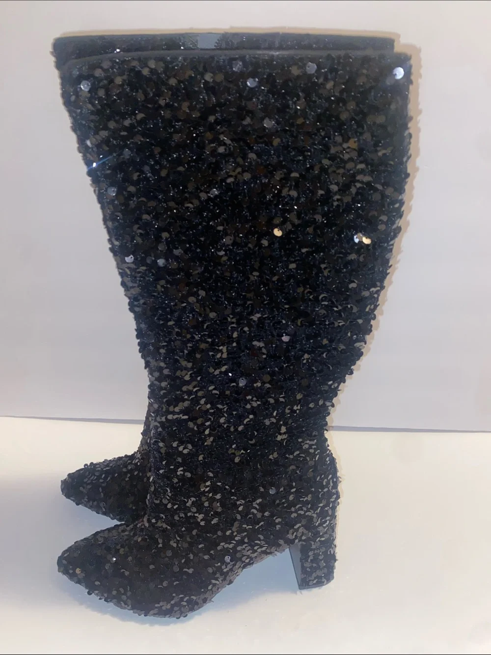 Sequin Over-the-Knee Black Boots with Side Zip